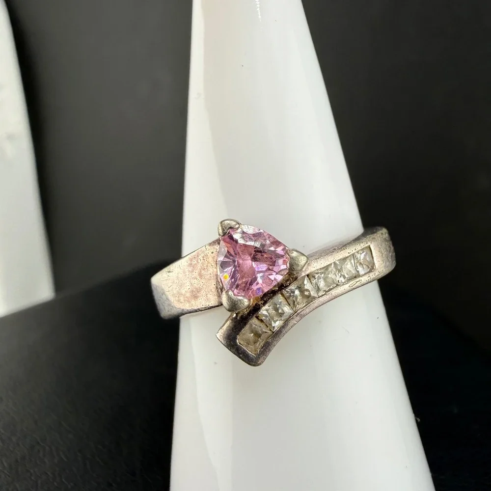Vintage IBB Ring Pink Heart Trillion Bypass Sterling Silver Size 8.25 READ